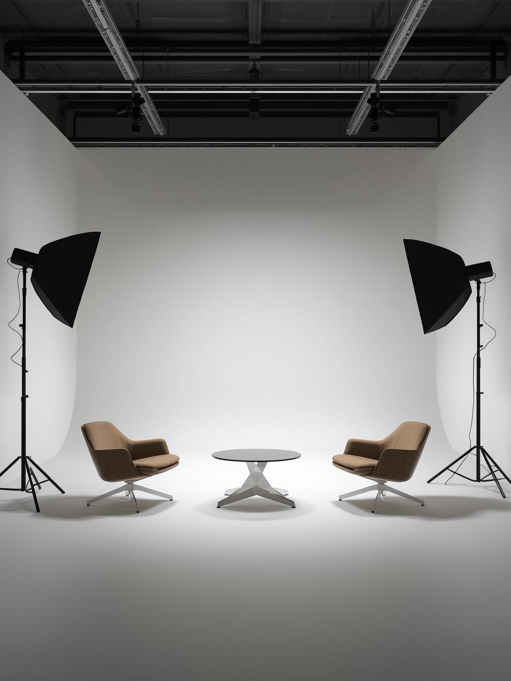 Minimalist studio with chairs, table, and photo gear